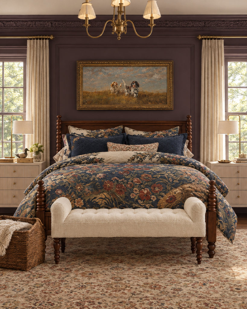 A bedroom with a wooden bed frame, quilted floral bedding, and a tufted cream bench at the foot of the bed. Two windows with beige curtains flank the bed, with a nightstand and lamp on each side. A chandelier hangs from the ceiling, and a landscape painting hangs above the bed. There is a woven basket with a blanket and a decorative bowl on the right nightstand.