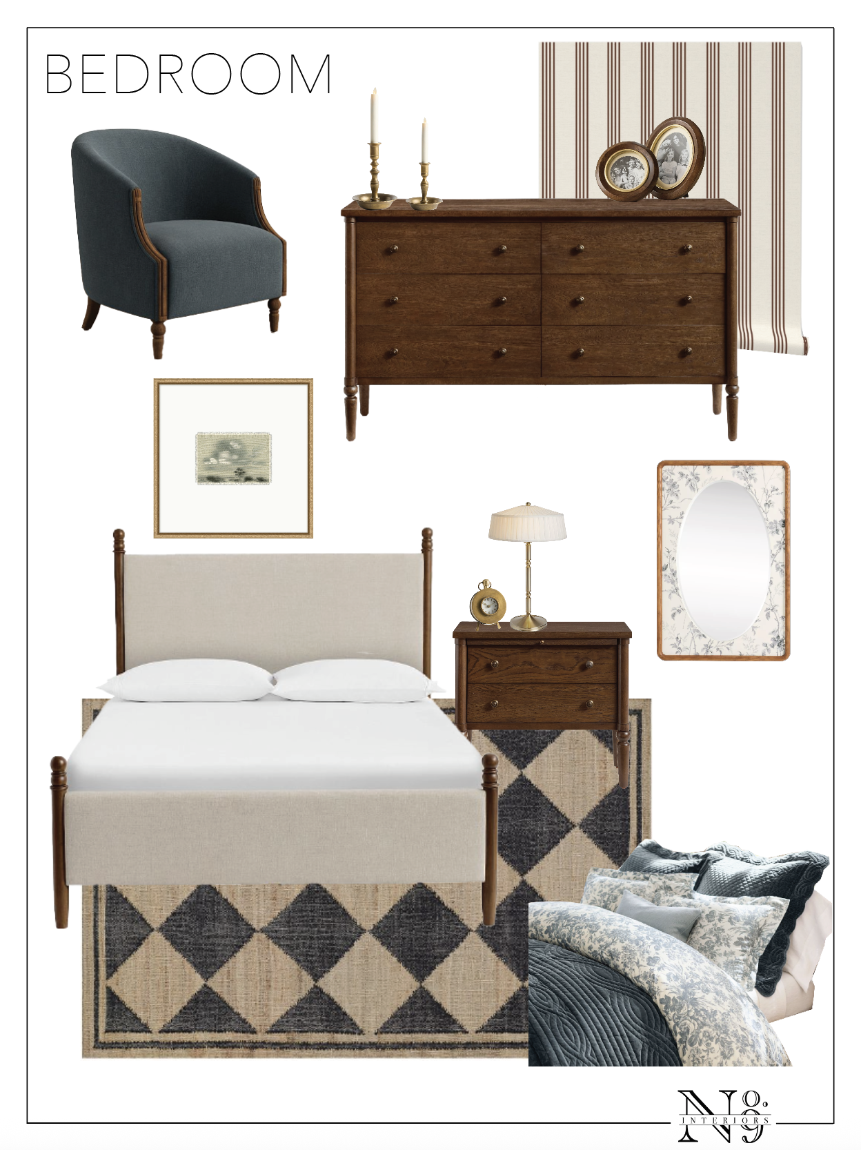 Layout of a bedroom with a bed, nightstands, dresser, armchair, framed artwork, mirror, and decorative objects, featuring a mix of modern and vintage furniture and decor.