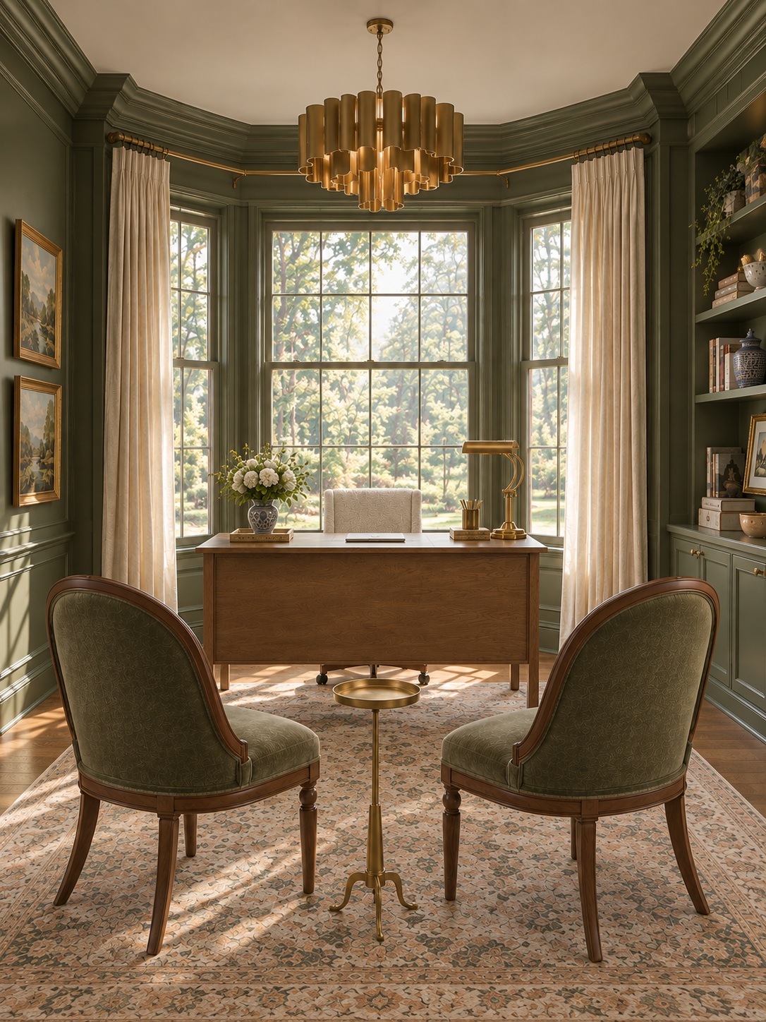 Home office with a large window, green walls, a wooden desk, two green upholstered chairs, a gold side table, a ceiling chandelier, and built-in shelves with books and decor.
