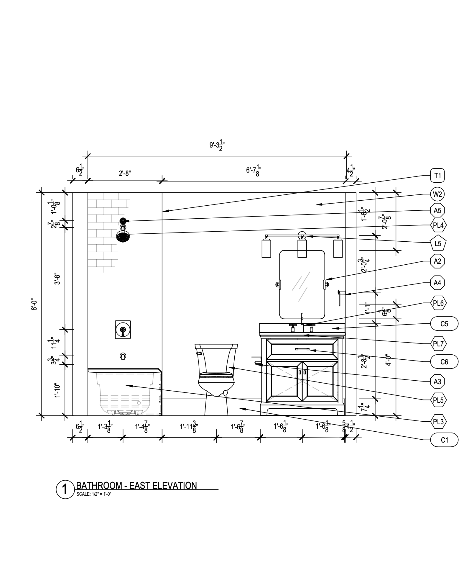 Architectural drawing of a bathroom east elevation, showing dimensions and layout of fixtures including a toilet, sink, and vanity, with detailed measurements and labels.