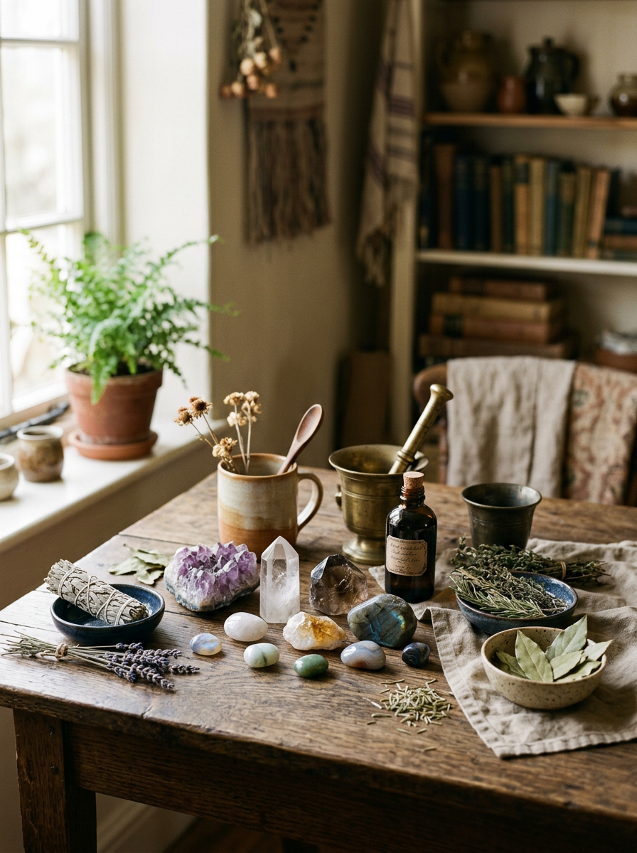 A rustic wooden table with various crystals, herbs, and essential oils, with a potted plant by a window and books on shelves in the background.