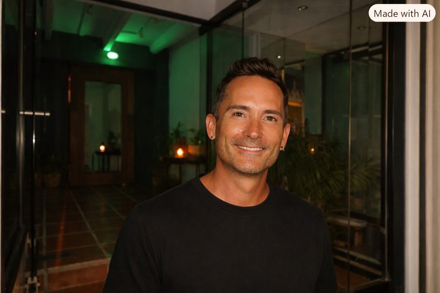 Smiling, kind-faced man with short dark hair, wearing a black t-shirt, standing indoors with glass walls and candlelit decor in the background.