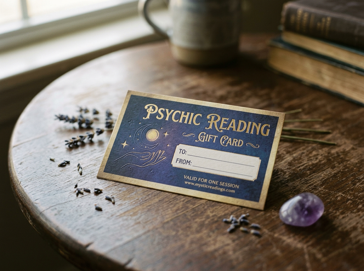 A psychic reading gift card placed on a wooden table with dried lavender, a purple gemstone, and stacked books nearby.