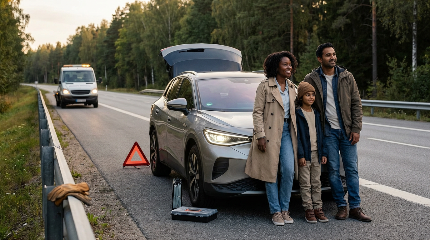 A family of three standing beside a gray car with its trunk open on the side of a rural road, with a warning triangle placed behind the car. The family is smiling and posing for a photo, with a van approaching in the background.