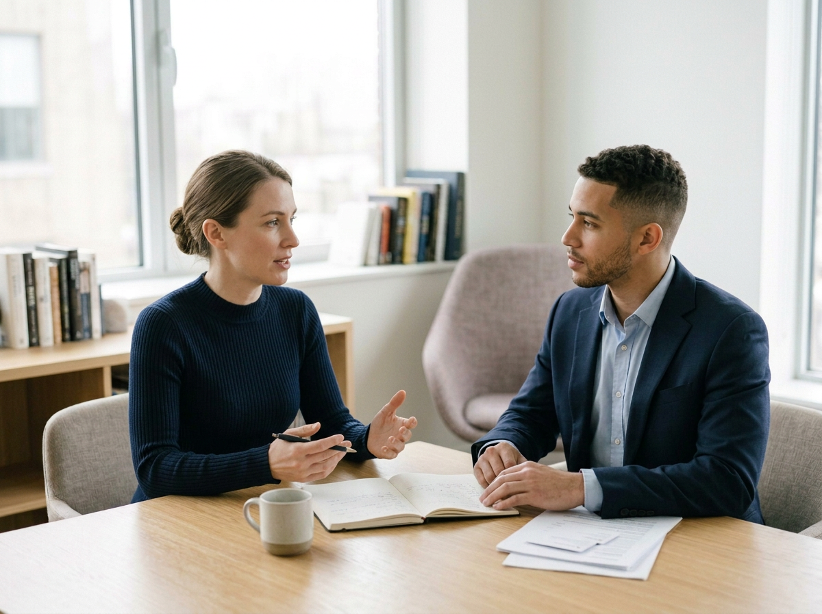 Une femme et un homme en discussion dans un bureau, avec des livres en arrière-plan, une tasse sur la table, un carnet ouvert, et des papiers.