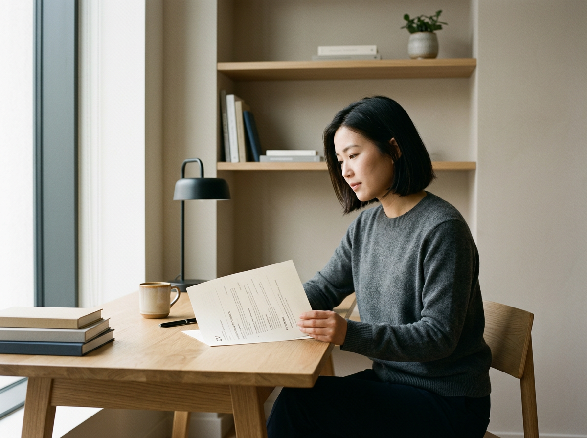 Femme assise à une table en bois, lisant un document, dans une pièce bien éclairée avec étagère en arrière-plan, décoration minimaliste.
