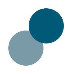 Two overlapping circles, one dark teal and one light gray.