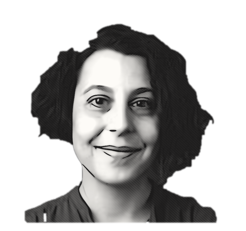Black and white digital portrait of a woman with shoulder-length curly hair, smiling, with a dark background.