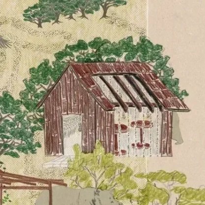 Illustration of a rustic wooden barn with a sloped roof, surrounded by greenery and trees.
