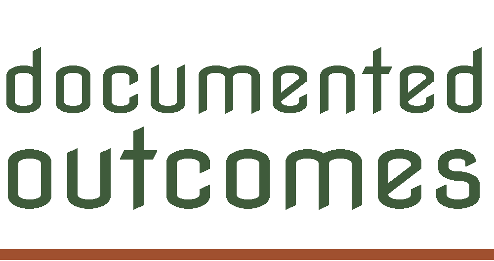 Text graphic with the words 'documented outcomes' in dark green font over a light background with a brown line at the bottom.