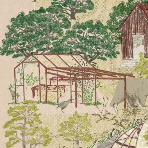 Illustration of a greenhouse, sheep grazing, and trees and bushes in a rural setting.
