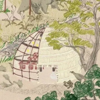 Illustrations of a traditional round thatched hut surrounded by trees and plants.