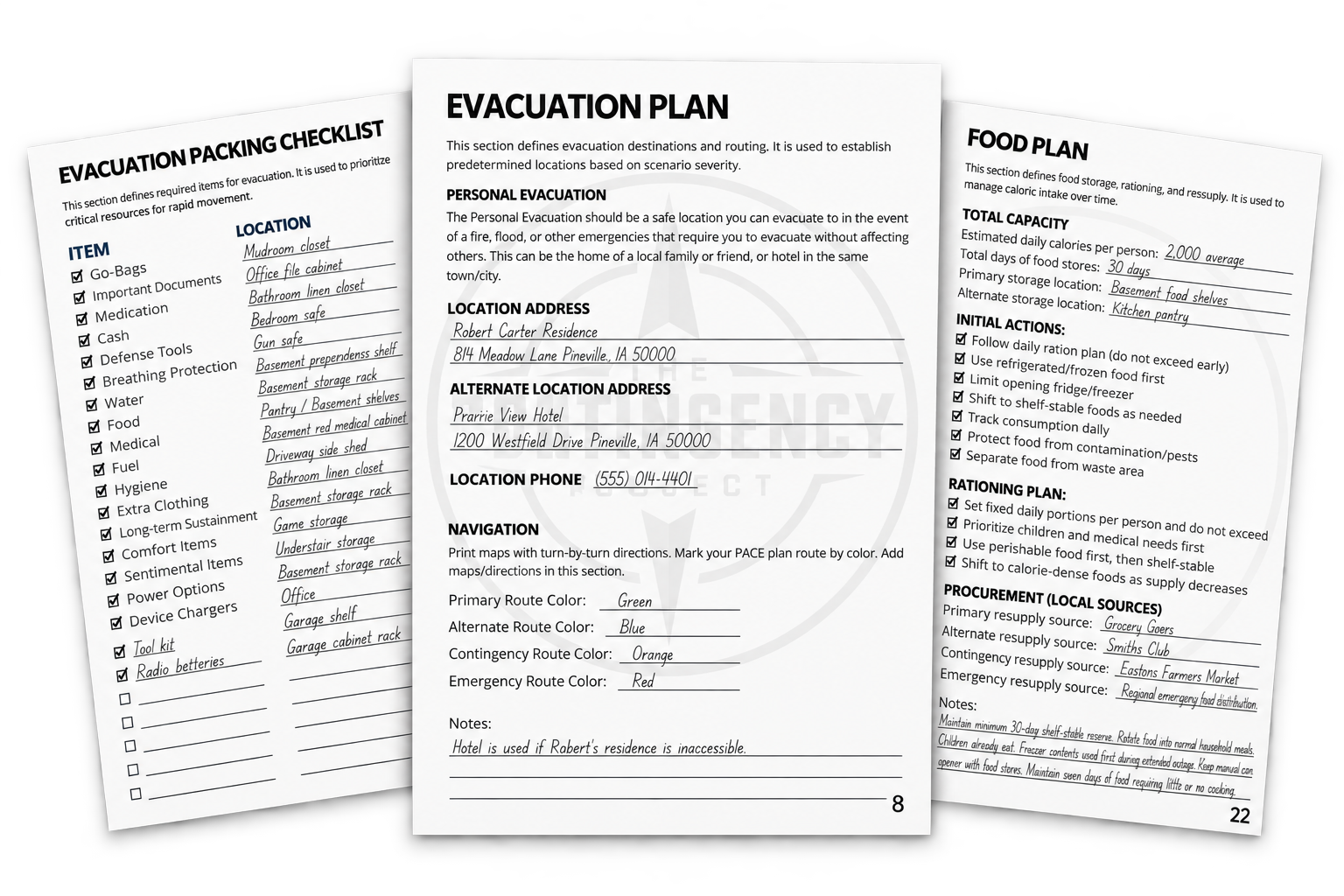 Completed emergency preparedness binder sample showing evacuation, packing, and food planning pages.