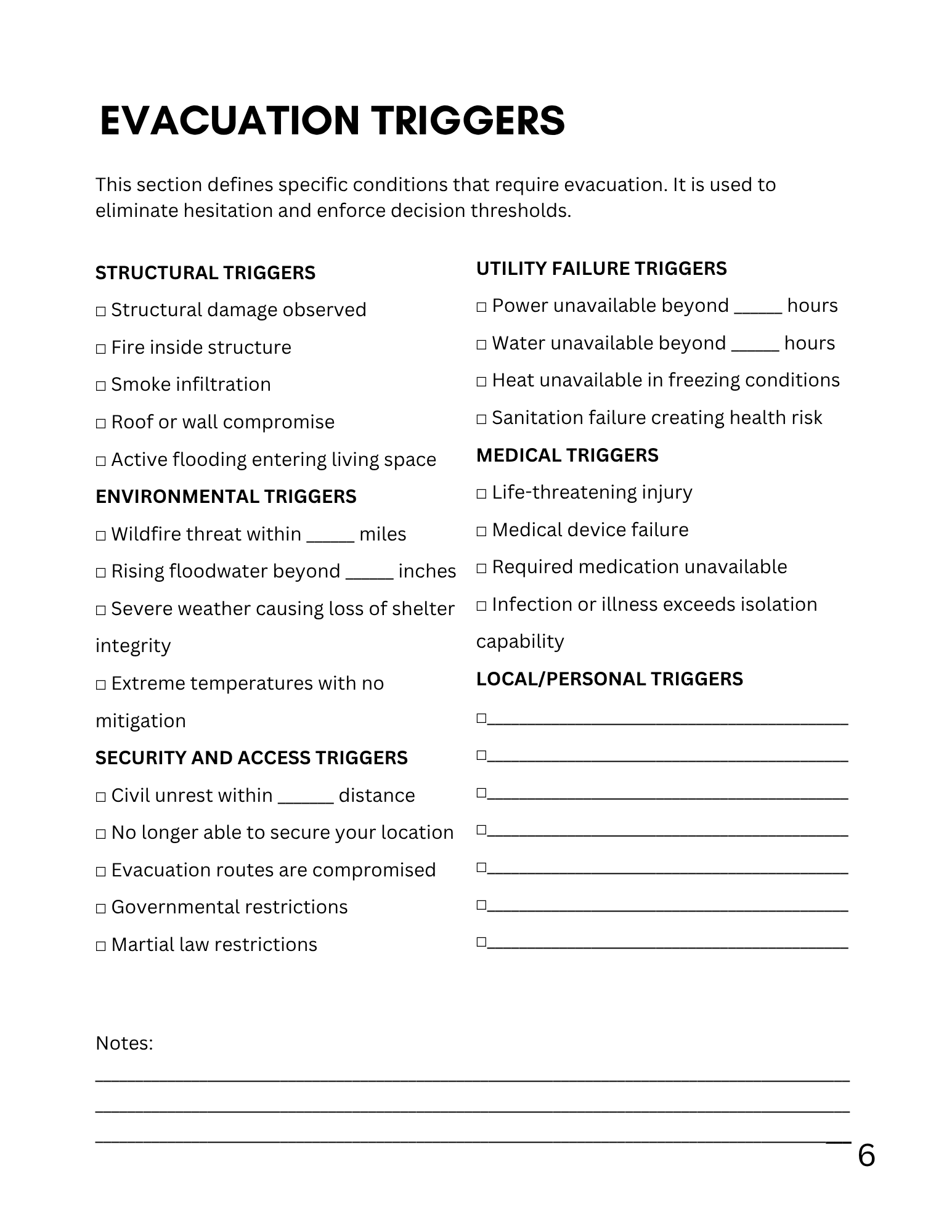 Emergency preparedness evacuation triggers worksheet for planning when a household should evacuate.