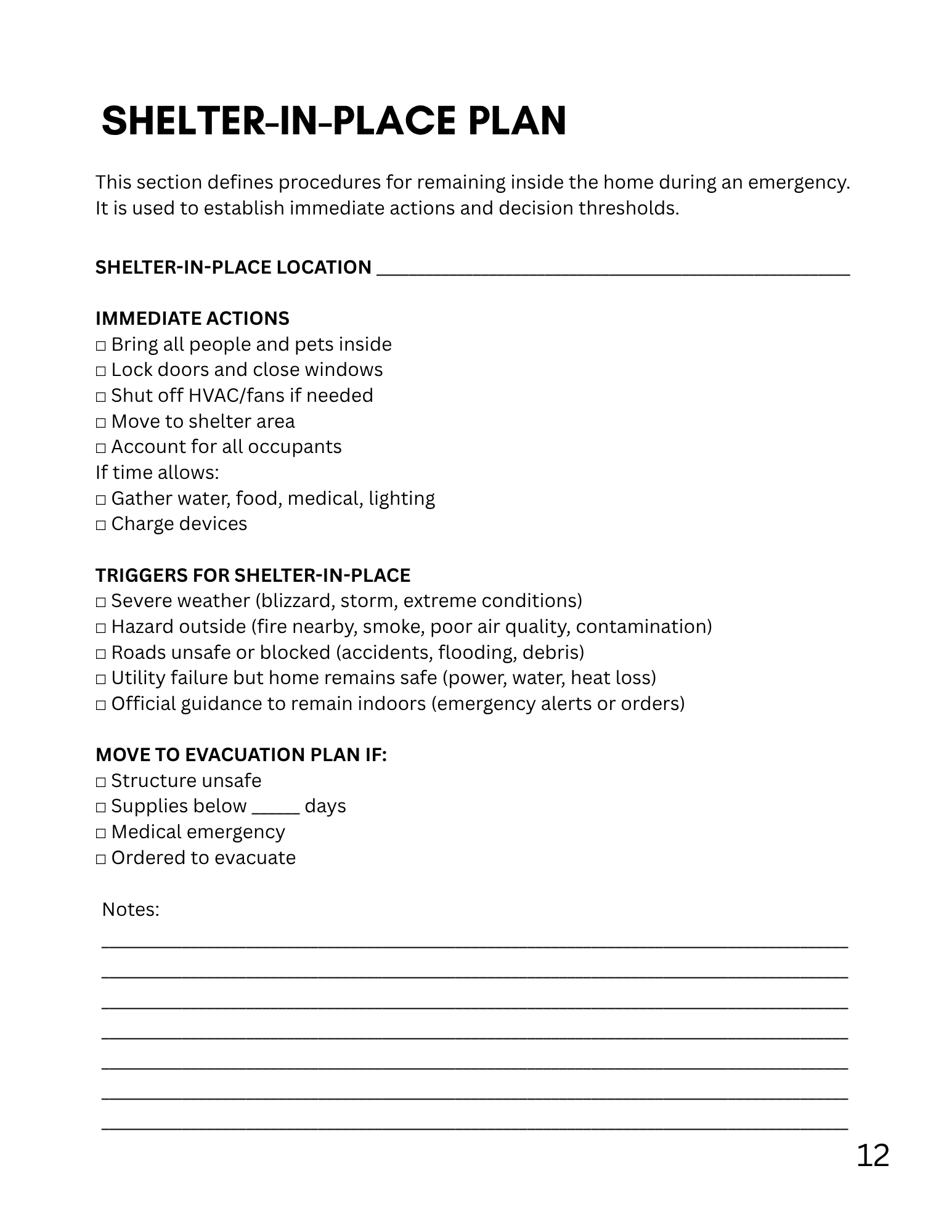 Shelter-in-place planning worksheet with shelter location, immediate actions, triggers, and evacuation criteria.