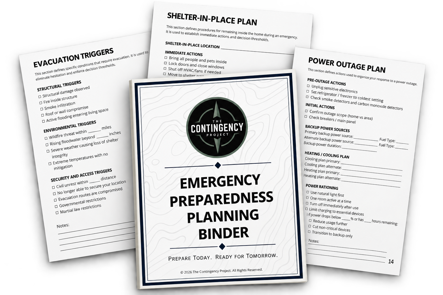 Emergency Preparedness Planning Binder with evacuation, shelter-in-place, and power outage planning pages.