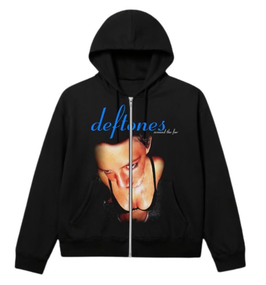 Black hoodie with a graphic of a person and the text "deftones around the fur" on it.