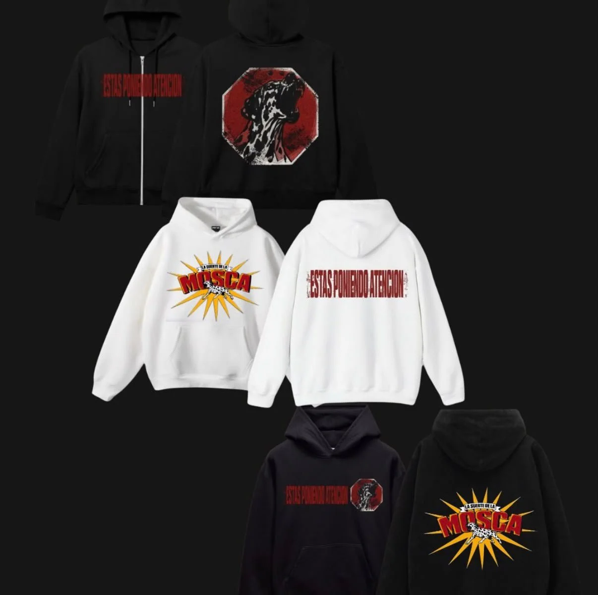 Six hoodies displayed against a black background, featuring various graphic designs and texts.