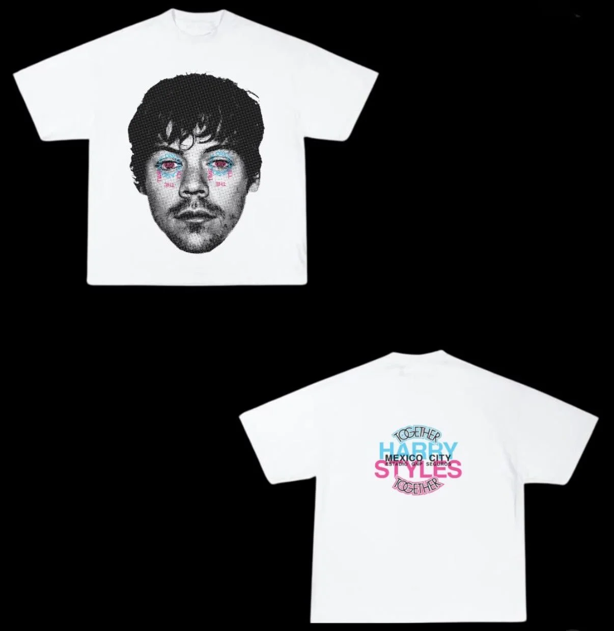 White t-shirt featuring a black and white portrait of a man's face with colorful accents around the eyes. The back of the t-shirt has the words "HARRY STYLE" in large light blue and pink letters with additional small text and design elements.