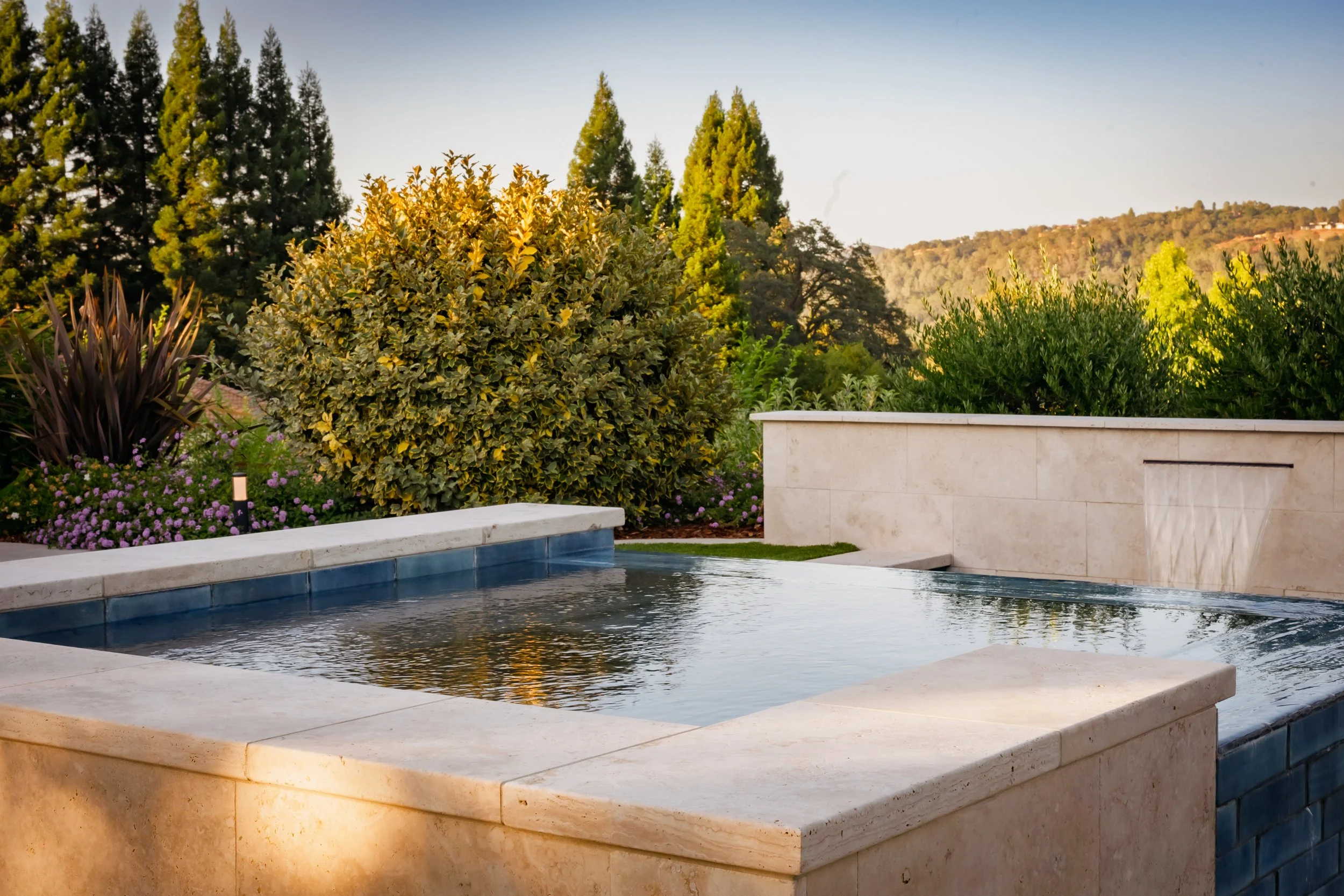 Backyard featuring a swimming pool with stone edging, surrounded by lush green trees and shrubs, with hills in the background under a clear sky.