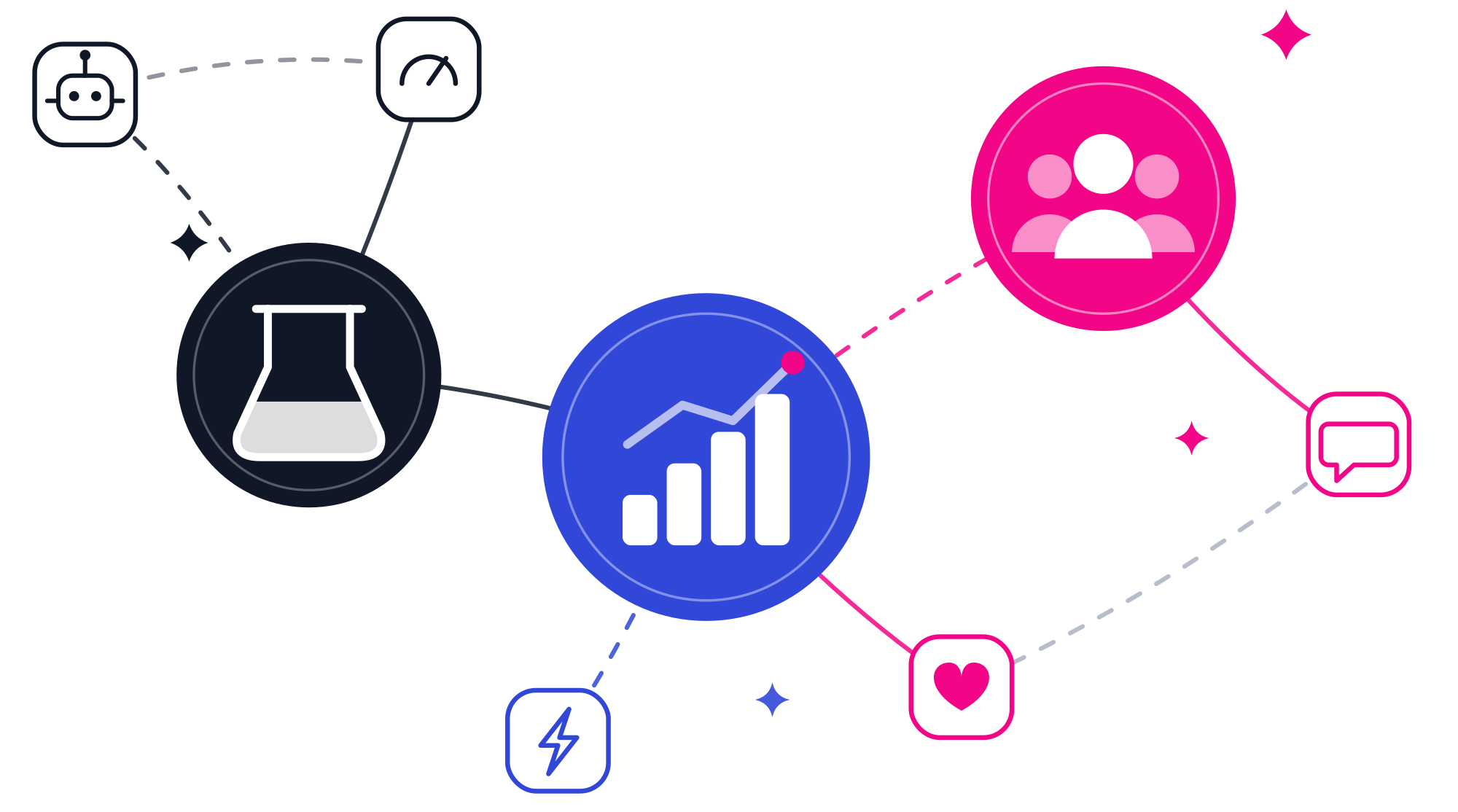 A digital infographic with interconnected icons representing data, technology, and human connection.