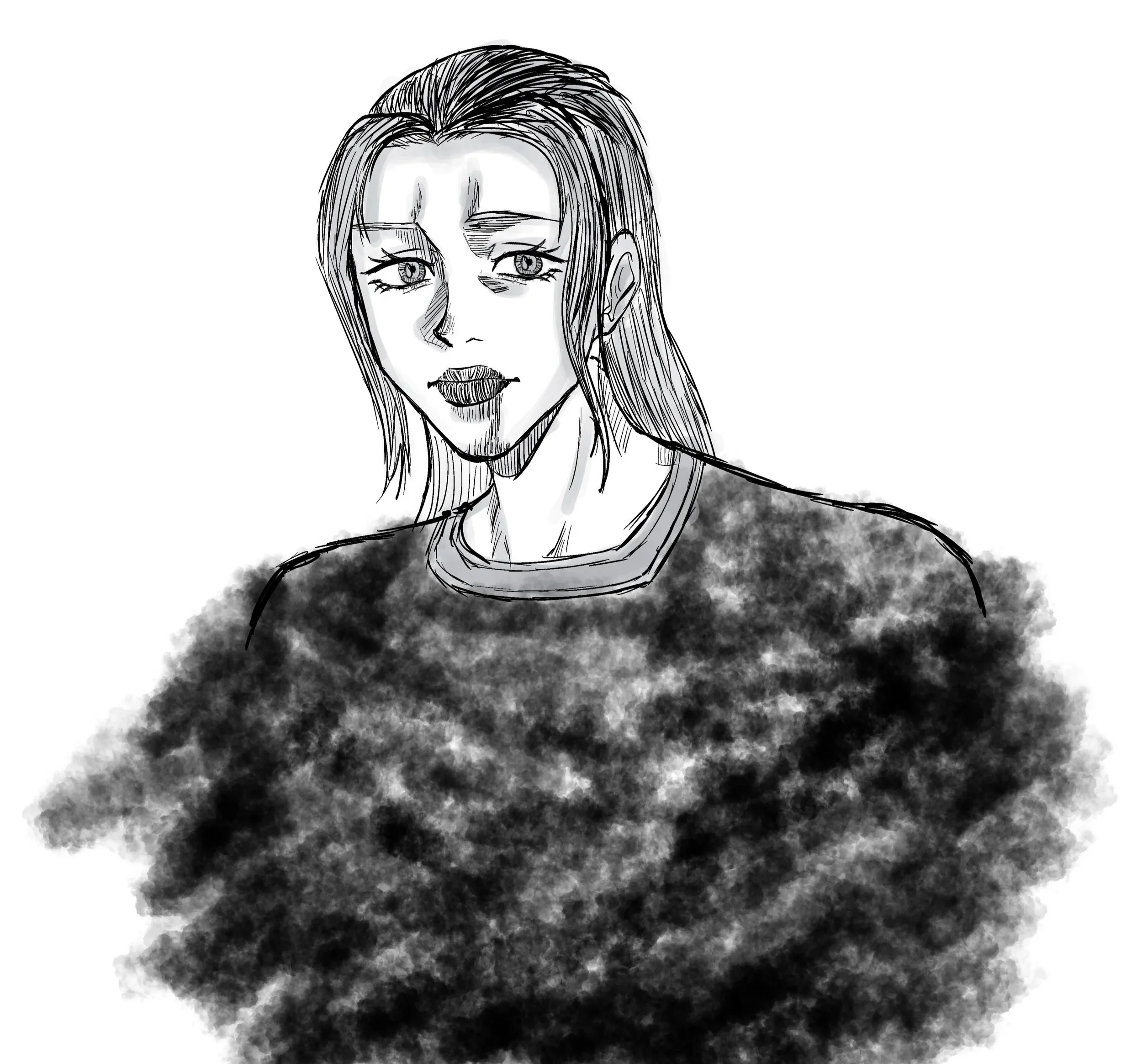 Black-and-white illustration of a woman with long hair, bold lips, and expressive eyes, against a dark textured background.