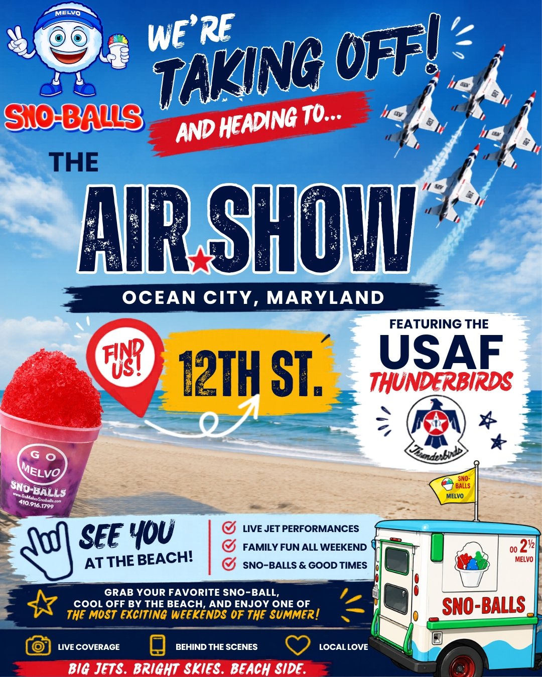 Flyer for Sno-Balls Air Show at Ocean City, Maryland, featuring USAF Thunderbirds, with jet performance images, beach scene, snow cone, and ice cream truck.