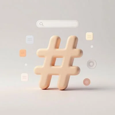 Large beige hashtag symbol with colorful social media icons and a search bar above it.