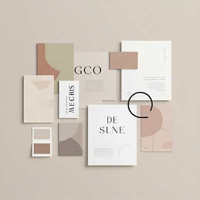 Arrangement of various minimalist print materials and color swatches on a neutral wall.