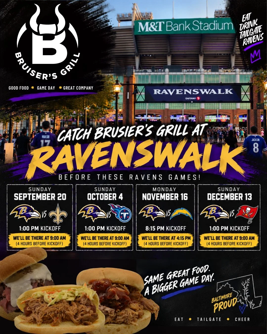 Promotional flyer for Ravenswalk events at M&T Bank Stadium in Baltimore. Features Ravens-themed food, tailgate info, and game schedule from September to December, with details about kickoff times and arrival times. Background has a stadium entrance 