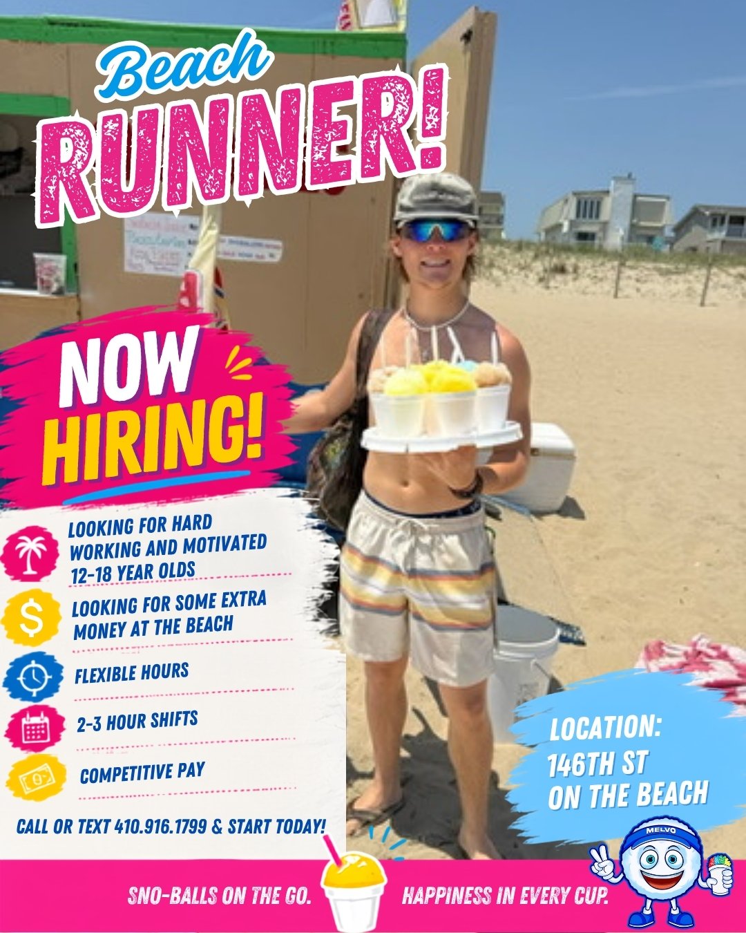 A person standing on the beach holding a tray of ice cream cups, smiling, wearing sunglasses, a cap, and striped shorts. There is a beach hut in the background and a sign announcing a job opening for beach runner positions.
