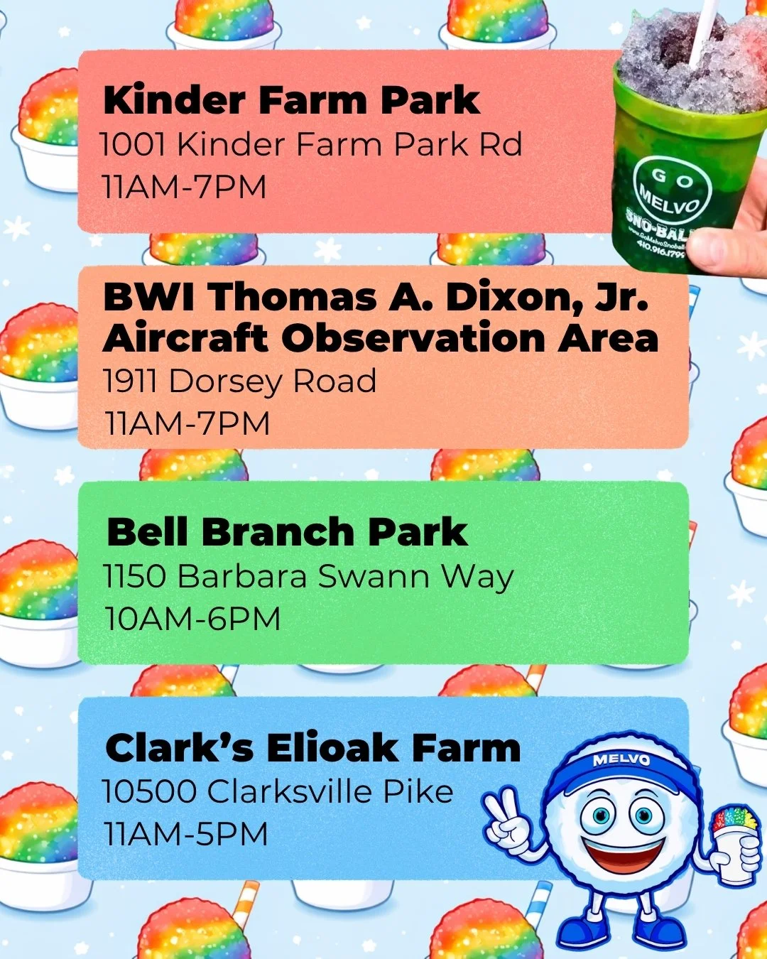 Event schedule overlay on a rainbow-themed background featuring rainbow slush cups, with locations at Kinder Farm Park, Thomas A. Dixon Jr. Aircraft Observation Area, Bell Branch Park, and Clark's Eliok Farm, including addresses and hours of operatio