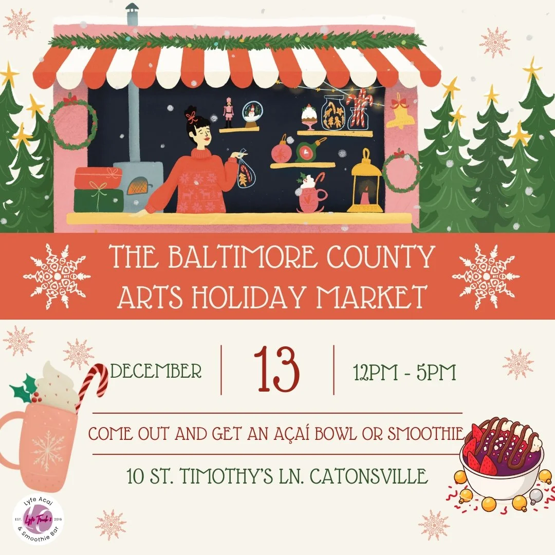 A festive poster for the Baltimore County Arts Holiday Market decorated with Christmas trees, snowflakes, and holiday-themed illustrations. It features a woman at a holiday market booth with ornaments, gifts, and a stove. Details include date Decembe