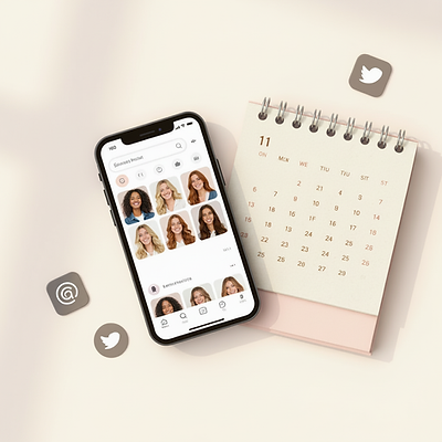 Smartphone displaying a photo editing app with images of a woman, surrounded by social media icons for Facebook, Twitter, and Instagram, next to a small pink desk calendar.