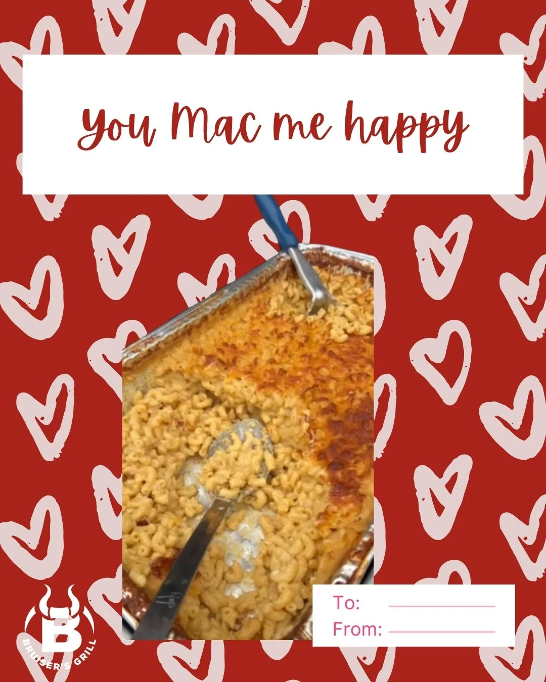 A Valentine's Day card with a red background decorated with pink hearts. The card features a photo of macaroni and cheese in a foil tray with a spoon in it. The front of the card has the text 'You Mac me happy' in red script. There is a space at the 