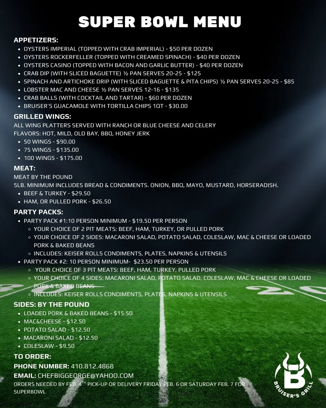 Super Bowl menu listed on a football field background, including appetizers, grilled wings, meats, party packs, and sides.
