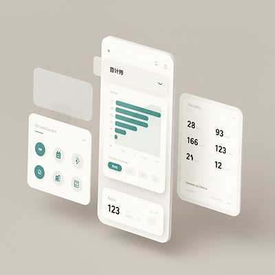 Three digital smartphones displaying various financial and data tracking apps with charts, numbers, and icons on a beige background.