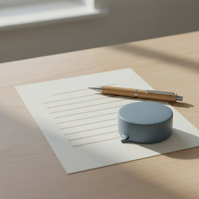 A writing desk with a sheet of lined paper, a silver and beige pen, and a light blue speech bubble-shaped notepad.