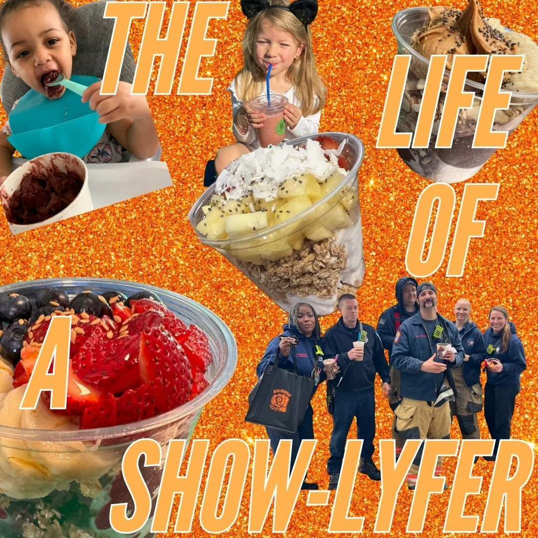 Collage of children eating ice cream and desserts, with a group of firefighters holding ice cream cones. Text reads 'The Life of a Show-Lyer' on an orange glitter background.