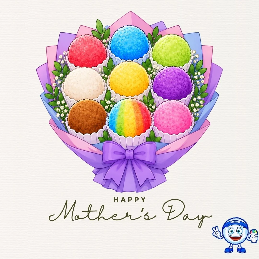 Colorful bouquet with decorated balls, wrapped in purple and pink paper, with a ribbon, and the words "Happy Mother's Day" below.