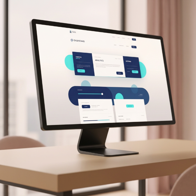 Computer monitor displaying a digital dashboard interface with analytics sections, settings, and graphs in a modern office setting.