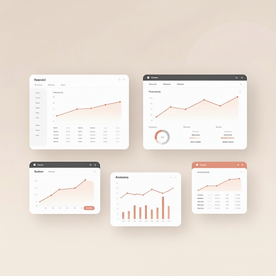 Six digital dashboards displaying various charts and graphs, including line graphs, bar charts, and pie chart, on a light background.