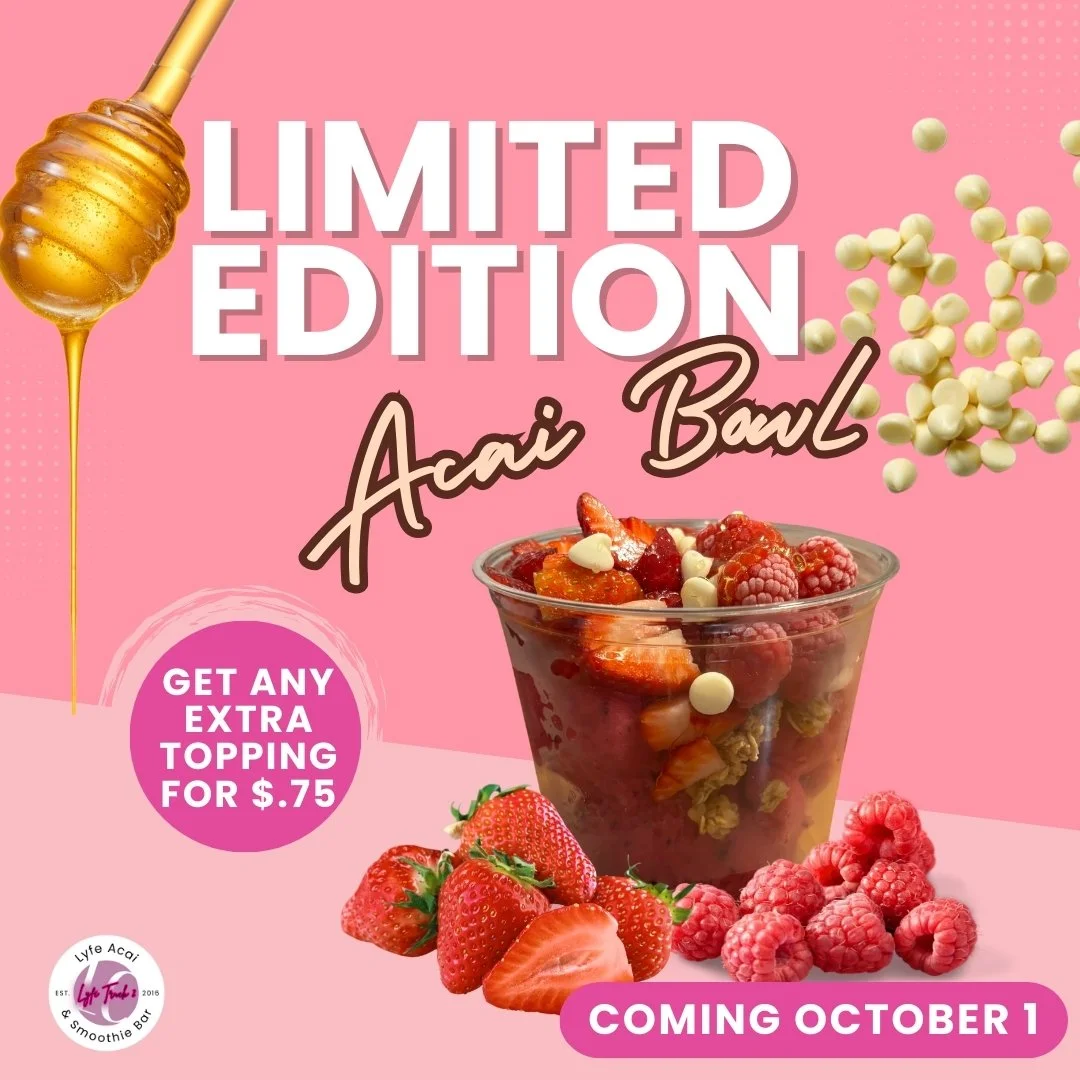 Pink promotional poster for a limited edition acai bowl with fresh strawberries, raspberries, and white chocolate toppings. Features honey dripping from a honey dipper in the top left, with text indicating the launch date as October 1 and a special o