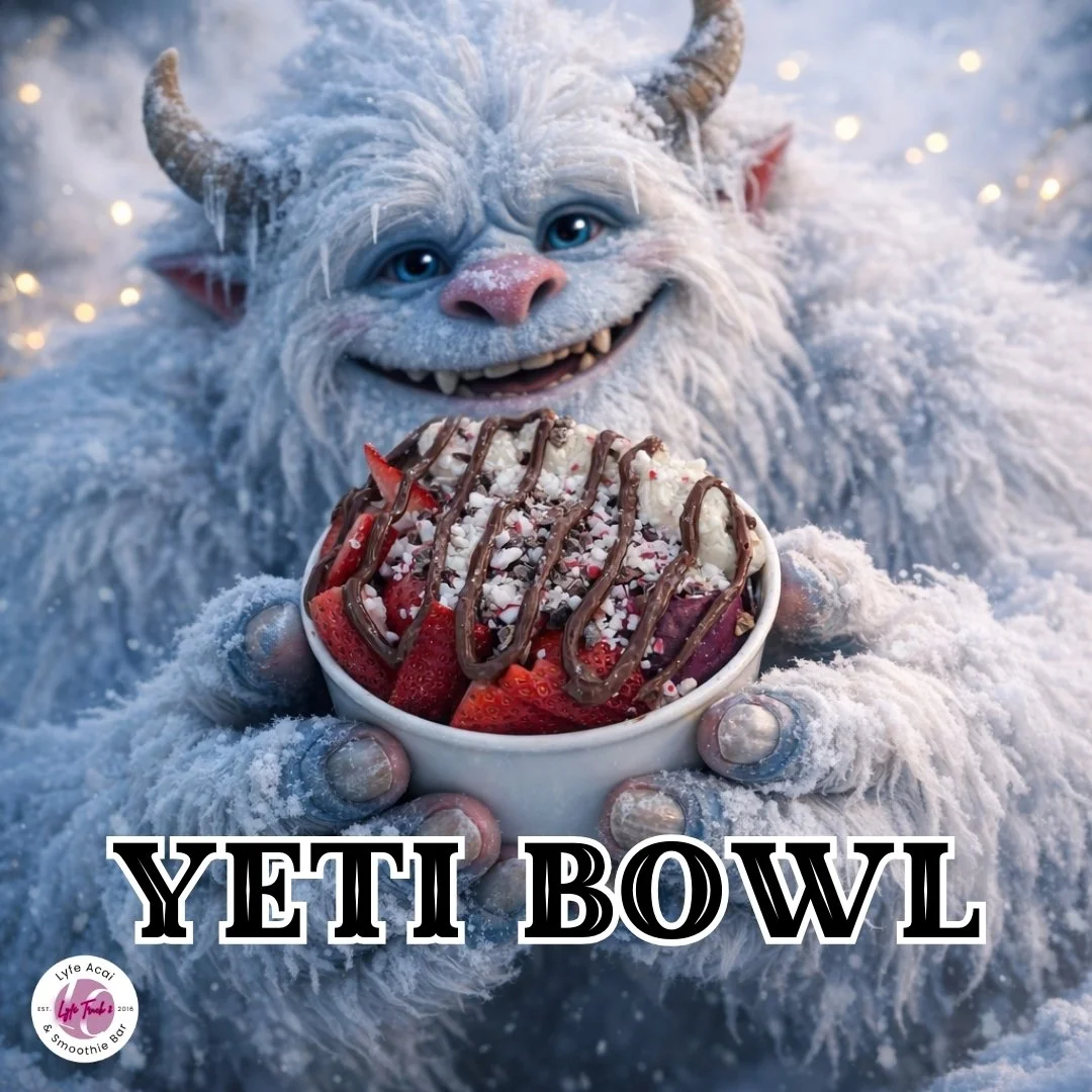 A friendly yeti holding a bowl of strawberries, ice cream, and chocolate drizzle, with the text 'YETI BOWL' at the bottom.