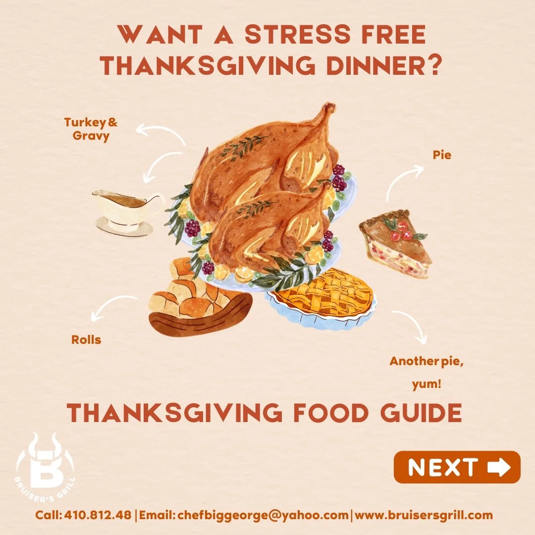 A Thanksgiving food guide illustration featuring a roasted turkey with gravy, slices of pie with cherry toppings, additional pie, and rolls, with descriptive labels and a 'Next' button.