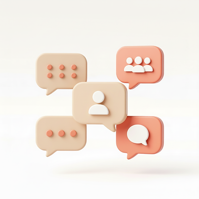 Five 3D speech bubble icons with user and message symbols in beige and pink colors.