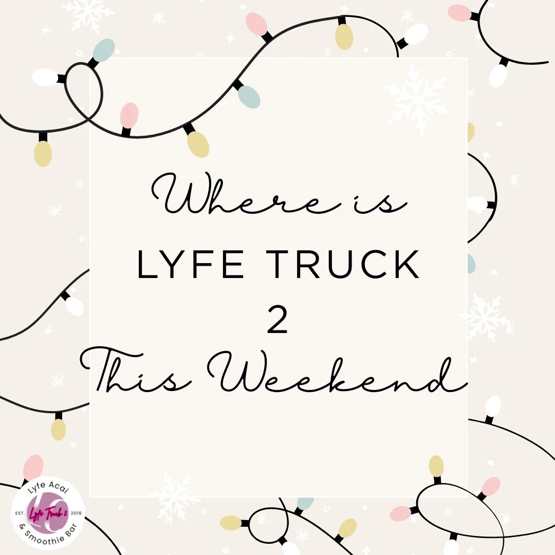 A festive holiday graphic featuring string lights with pastel colored bulbs, white snowflakes, and a message that asks "Where is LYFE TRUCK 2 This Weekend" in stylish script and block fonts. Includes a small logo in the bottom left corner for Lyfe Ac