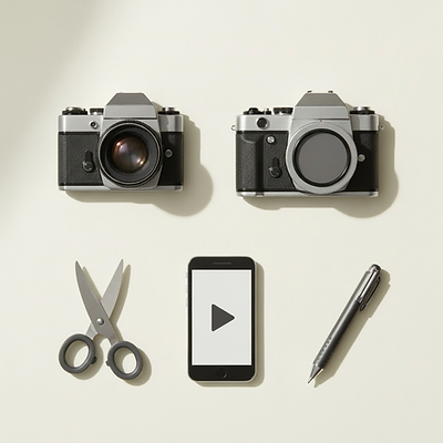 Two vintage film cameras, scissors, a smartphone with a play icon on the screen, and a pen arranged on a white surface.