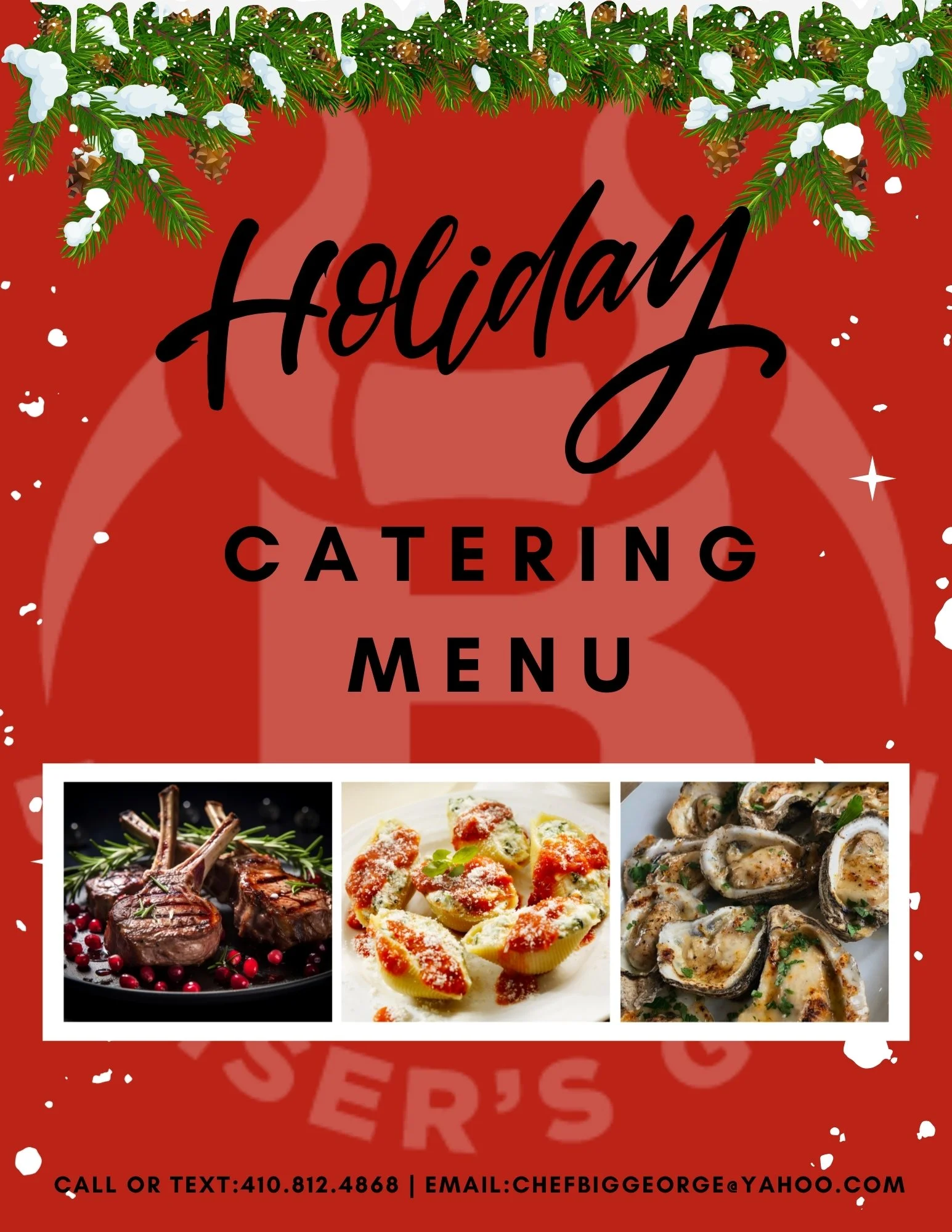 The holiday catering menu features images of three different dishes: grilled lamb chops garnished with rosemary and berries, stuffed pasta shells with tomato sauce and cheese, and baked oysters with herbs. The design includes festive greenery at the 