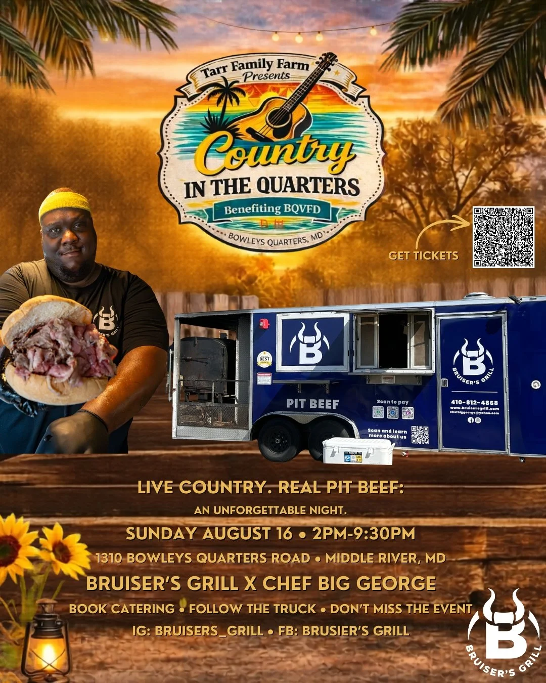 Event poster for 'Country in the Quarters' benefiting BQVD, featuring a sunset background, a man holding a sandwich, a food truck labeled 'Pit Beef,' and event details in text.
